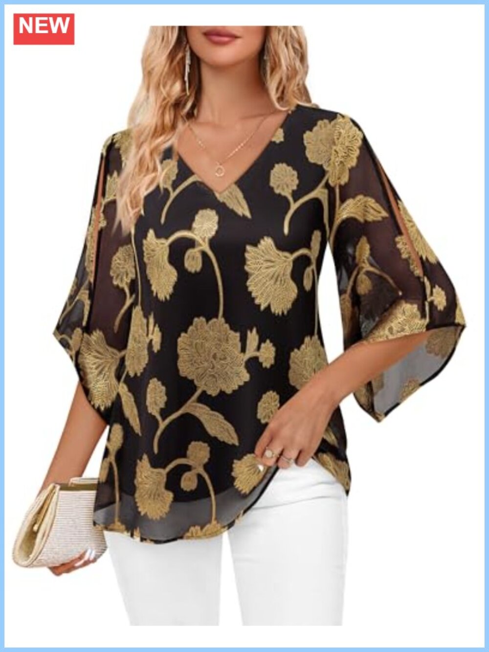 Womens Ruffle 3/4 Sleeve V Neck Double Layers Chiffon Blouse Dressy Tunic Top